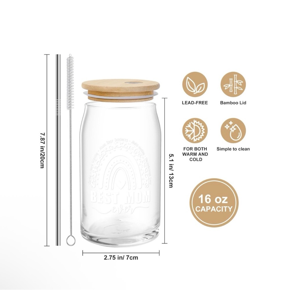 New “Best Mom Ever” Glass Cup With Bamboo Lid With Metal Straw & Brush - Picture 2 of 2